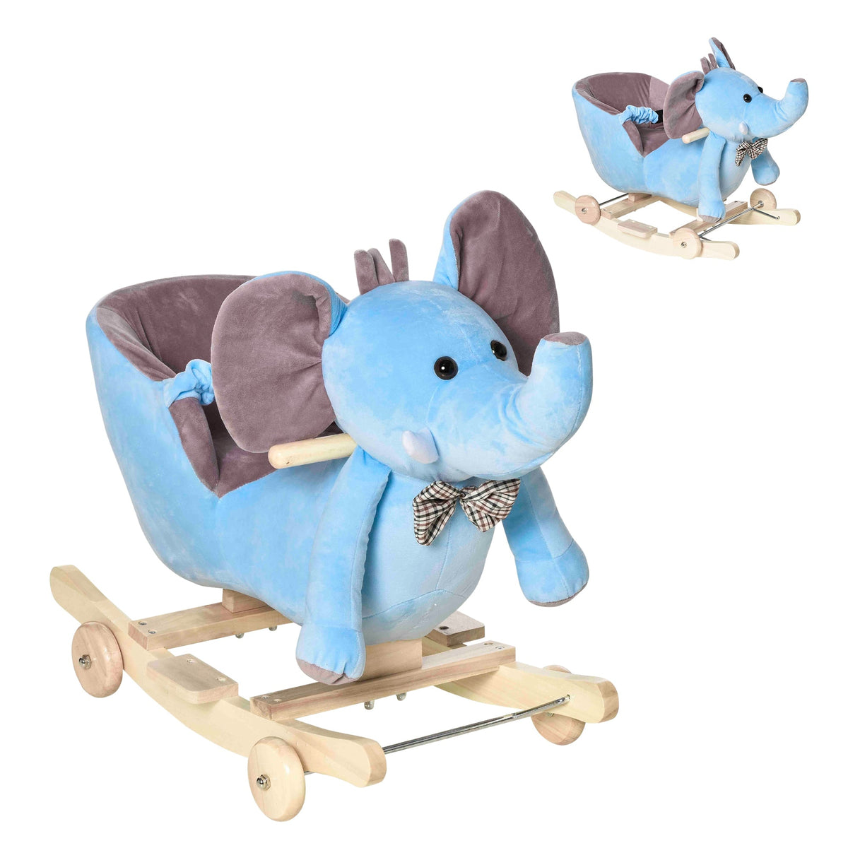 HOMCOM 2 In 1 Plush Baby Ride on Rocking Horse Elephant Rocker with Wheels Wooden Toy for Kids 32 Songs for 18+ Months (Blue)