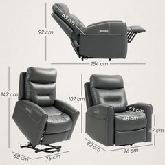 HOMCOM Power Lift Recliner Chair for Elderly, Overstuffed Faux Leather Riser and Reclining Chair with USB A+C Ports, Remote Control, Recliner Armchair for Living Room, Charcoal Grey