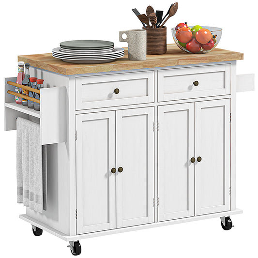 HOMCOM Rolling Kitchen Island Storage Trolley with Rubber Wood Top & Drawers for Dining Room, White