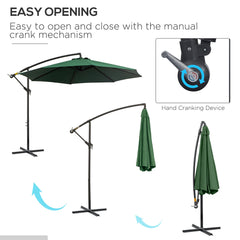 Outsunny 3(m) Banana Parasol Hanging Cantilever Umbrella with Crank Handle, 8 Ribs and Cross Base for Outdoor, Sun Shade, Dark Green