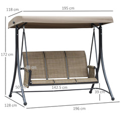 Outsunny 3 Seater Garden Swing Seat Outdoor Swing Chair with High Back Design, Steel Frame, Side Pouches, Adjustable Canopy, Brown