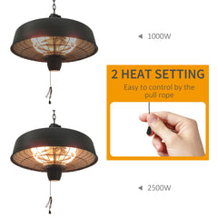 Outsunny Adjustable Power 1000/2500W Infrared Halogen Electric Patio Light Heater, Ceiling Hanging Mount -Black