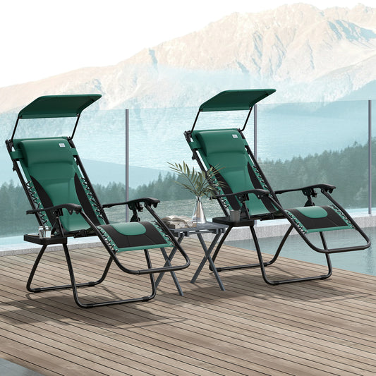 Outsunny Zero Gravity Lounger Chair Set of 2, Folding Reclining Patio Chair with Shade Cover, Padded Seat, Cup Holder, Soft Cushion and Headrest for Poolside, Camping, Green