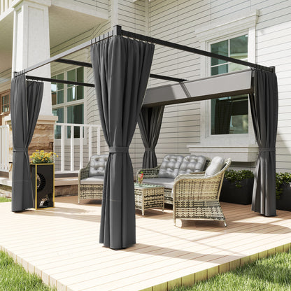 Outsunny 3 x 3(m) Retractable Pergola, Garden Gazebo Shelter with Curtains, for Grill, Patio, Deck, Charcoal Grey