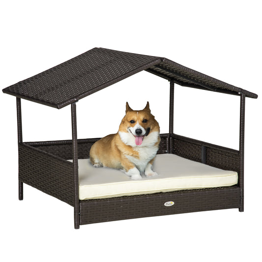 PawHut Wicker Dog House, Rattan Pet Bed, with Removable Cushion, Canopy, for Small and Medium Dogs - Cream