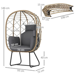 Outsunny Rattan Egg Chair Outdoor Indoor Wicker Chair with Thickened Cushion and Headrest, Standing Garden Egg Chair with Cup Holder, Metal Frame for Patio, Balcony, Brown