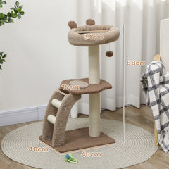 PawHut Cat Tree for Indoor Cats, 88cm Cat Tower with Sisal Scratching Post, Hanging Ball, Large Cat Perch, Stairs, Brown