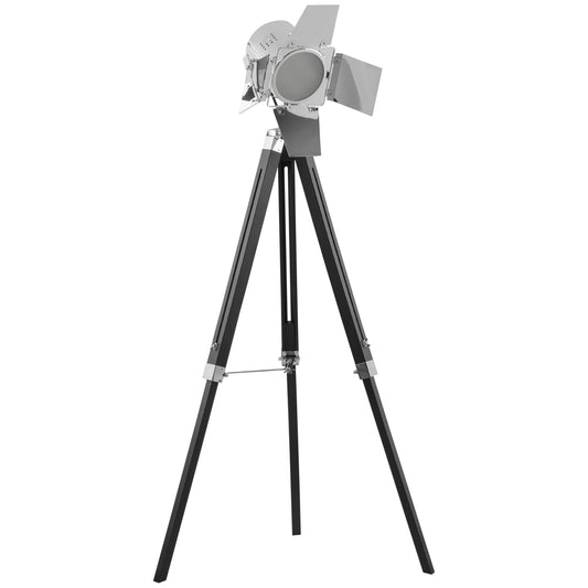 HOMCOM Industrial Tripod Floor Lamp, Nautical Cinema Standing Spotlight with Wood Legs and Adjustable Height for Living Room, Bedroom, Black and Silver