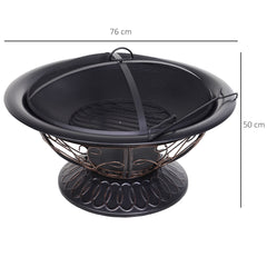 Outsunny Metal Large Firepit Bowl Outdoor Round Fire Pit Brazier w/ Lid, Log Grate, Poker, Elegant Scrolls for Backyard, Camping, Bonfire, Wood Burning Stove, 76 x 76 x 50cm, Black