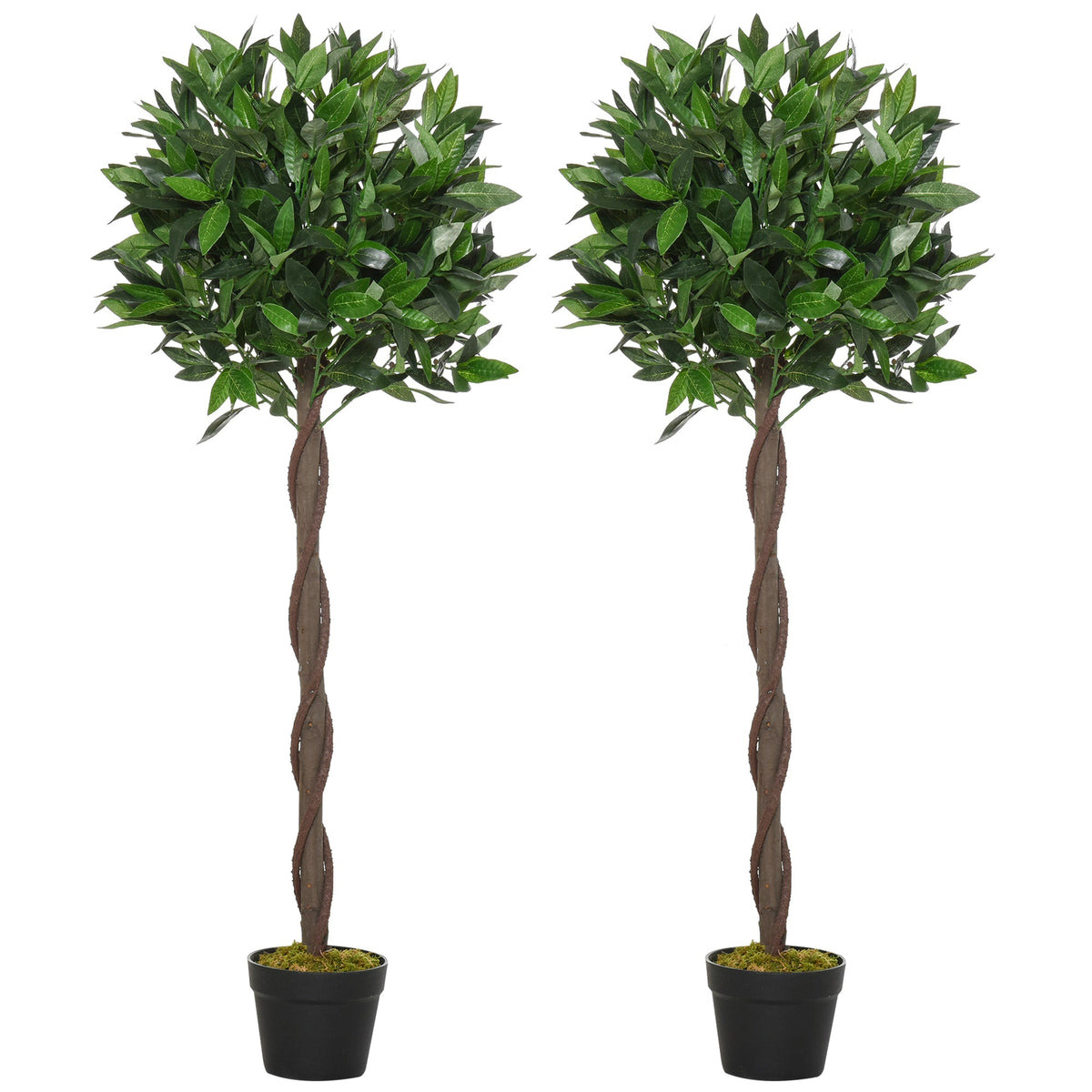 Outsunny Set Of 2 120cm/4FT Artificial Bay Laurel Topiary Trees w/ Pot Fake Indoor Outdoor Greenery Plant Home Office Garden Decor Green