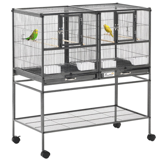 PawHut Large Bird Cage Parrot Cage with Divider, Slide Tray for Finch Canaries Parakeets Cockatiels, 95 x 45.5 x 102 cm