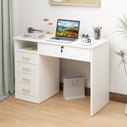 HOMCOM Computer Desk, Home Office Desk with Lockable Drawer, Storage Shelf for Study Bedroom, 110 x 50 x 76 cm, White