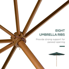 Outsunny 3(m) Wooden Patio Umbrella, Pulley Operated Garden Parasol with Rope Pulley Mechanism and 8 Ribs, Dark Green