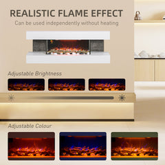 HOMCOM 47inch / 120cm Electric Fireplace Wall Mounted, Freestanding, Glass Electric Fire Suite with Mantel, Adjustable LED Flame Effect and Temperature, Log, Pebble, Remote Control, 2000W, White