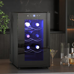 HOMCOM Mini Wine Fridge, 8 Bottle, 21L, 26.5cm, Freestanding and Under Counter, Quiet Wine Cooler Fridge with Glass Door, LED Light, Digital Touch Screen, Temperature Control