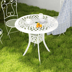 Outsunny 78 cm Round Garden Dining Table with Parasol Hole Antique Cast Aluminium Outdoor Table Only, White