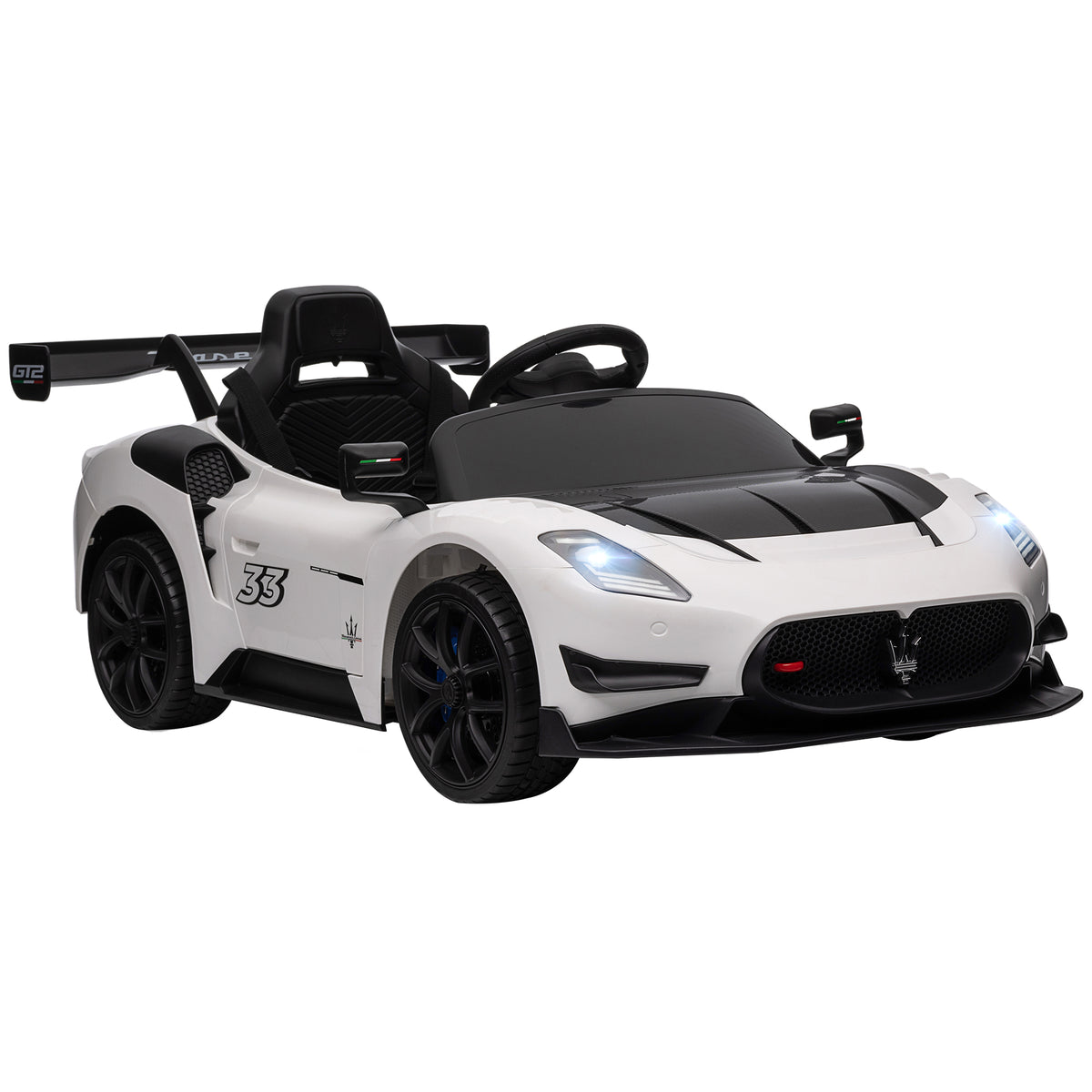 AIYAPLAY Maserati GT2 Licensed 12V Kids Electric Ride on Car with 4 Suspension Wheels, Remote Control, Music, Horn, Lights, White