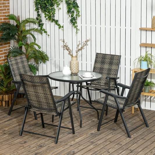 Outsunny 4 Seater Rattan Dining Set, Rattan Garden Furniture Set with Parasol Hole, Outdoor Dining Table and Chairs with 4 Armchairs, Round Glass Top Table for Patio, Balcony, Mixed Grey