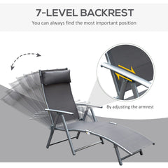 Outsunny Sun Lounger Steel Frame Outdoor Folding Chaise Texteline Lounge Chair Recliner with Headrest & 7 Levels Adjustable Backrest, Grey