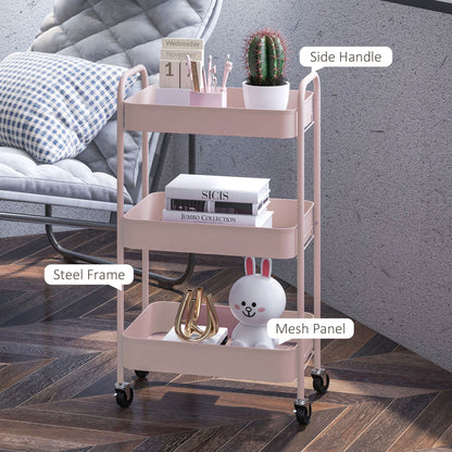 HOMCOM Three-Tier Steel Storage Trolley - Pink