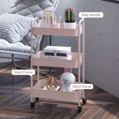 HOMCOM Three-Tier Steel Storage Trolley - Pink