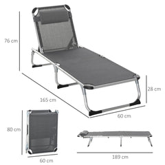 Outsunny Foldable Outdoor Sun Lounger, Reclining Lounge Chair Camping Bed Cot with Pillow 4-Level Adjustable Back Aluminium Frame, Dark Grey