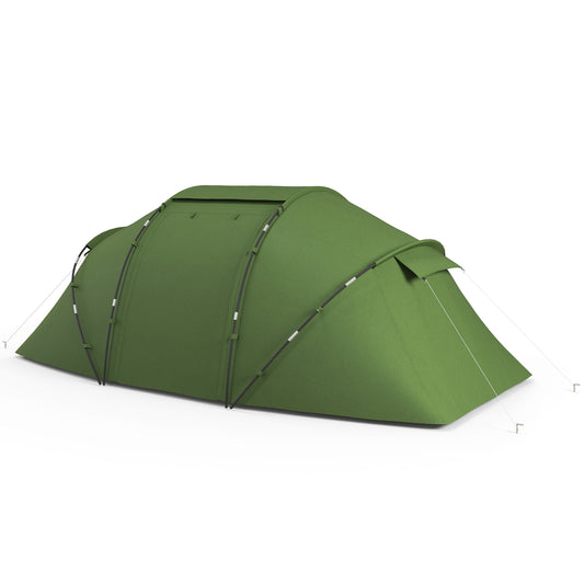 Outsunny 4-6 Man Camping Tent w/ Two Bedroom, Hiking Sun Shelter, UV Protection Tunnel Tent, Dark Green