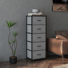 HOMCOM Fabric Chest of Drawers, Storage Drawers, Industrial Bedroom Dresser with 5 Fabric Drawers, Steel Frame and Wooden Top for Nursery, Living Room, Hallway, Dark Grey