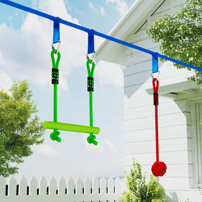 AIYAPLAY 10-Piece Zip Line Kit for Kids with 10m Slackline, Monkey Bars, Swing, Climbing Ladder, Hanging Tray, Metal Rings