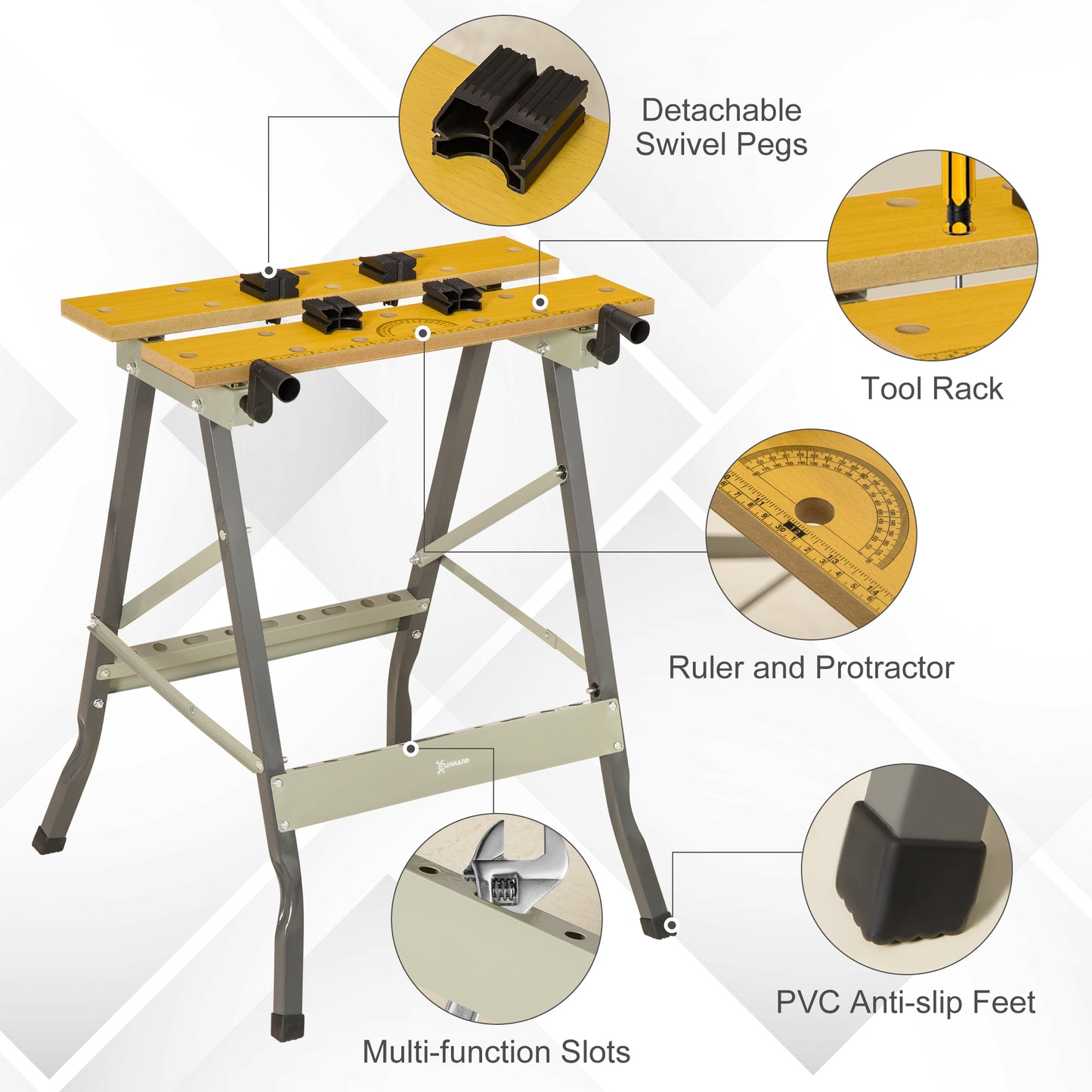 DURHAND 4-in-1 Work Bench, Folding Clamp Table w/ 4 Adjustable Clamping Pegs for DIY Home Garage, Grey
