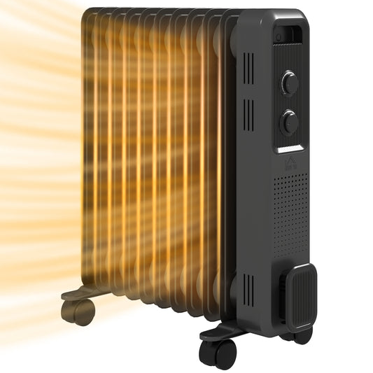 HOMCOM 2500W Oil Filled Radiator, 11 Fin, Portable Electric Heater with 3 Heat Settings, Safety Cut-Off and Wheels, Grey