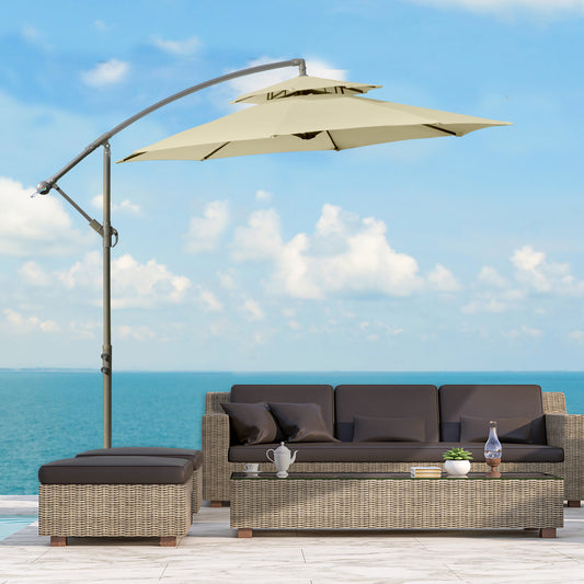 Outsunny 2.7m Garden Banana Parasol Cantilever Umbrella with Crank Handle, Double Tier Canopy and Cross Base for Outdoor, Hanging Sun Shade, Beige