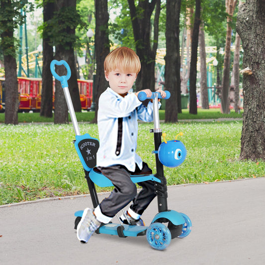 HOMCOM 5 in1 Kids Scooter 3 Wheel Toddler scooter Kick Scooter with Adjustable Handlebar, Removable Seat & Back Rest for 18 Month+, Blue