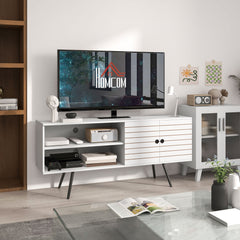 HOMCOM TV Stand with Cupboard, Open Shelves, Striped Doors, Wooden legs, White