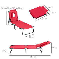 Outsunny Foldable Outdoor Sun Lounger Adjustable Backrest Reclining Chair with Pillow and Reading Hole Garden Beach, Red