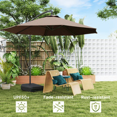 Outsunny 3(m) Garden Cantilever Parasol with Fillable Base, Wind Protection Strap, Cover, Round Banana Hanging Umbrella with Crank Handle and Tilt, Patio Umbrella for Outdoor Sun Shade, UPF50+, Brown