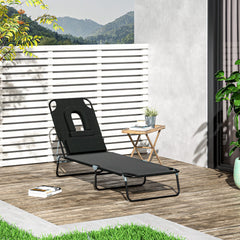 Outsunny Outdoor Foldable Sun Lounger, 4 Level Adjustable Backrest Reclining Sun Lounger Chair with Pillow and Reading Hole, Black