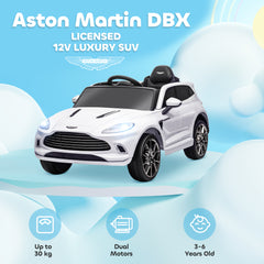 سيارة كهربائية للأطفال تعمل بالبطارية ومرخصة من AIYAPLAY Aston Martin DBX، 12 فولت، سيارة للأطفال مزودة بأضواء وبوق موسيقي، باللون الأبيض