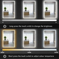 مرآة حمام HOMCOM مقاس 70 × 50 سم مزودة بإضاءة LED، ومرآة مكياج قابلة للتعتيم، ومرآة زينة بثلاثة ألوان، وخاصية اللمس الذكي، ومضادة للضباب