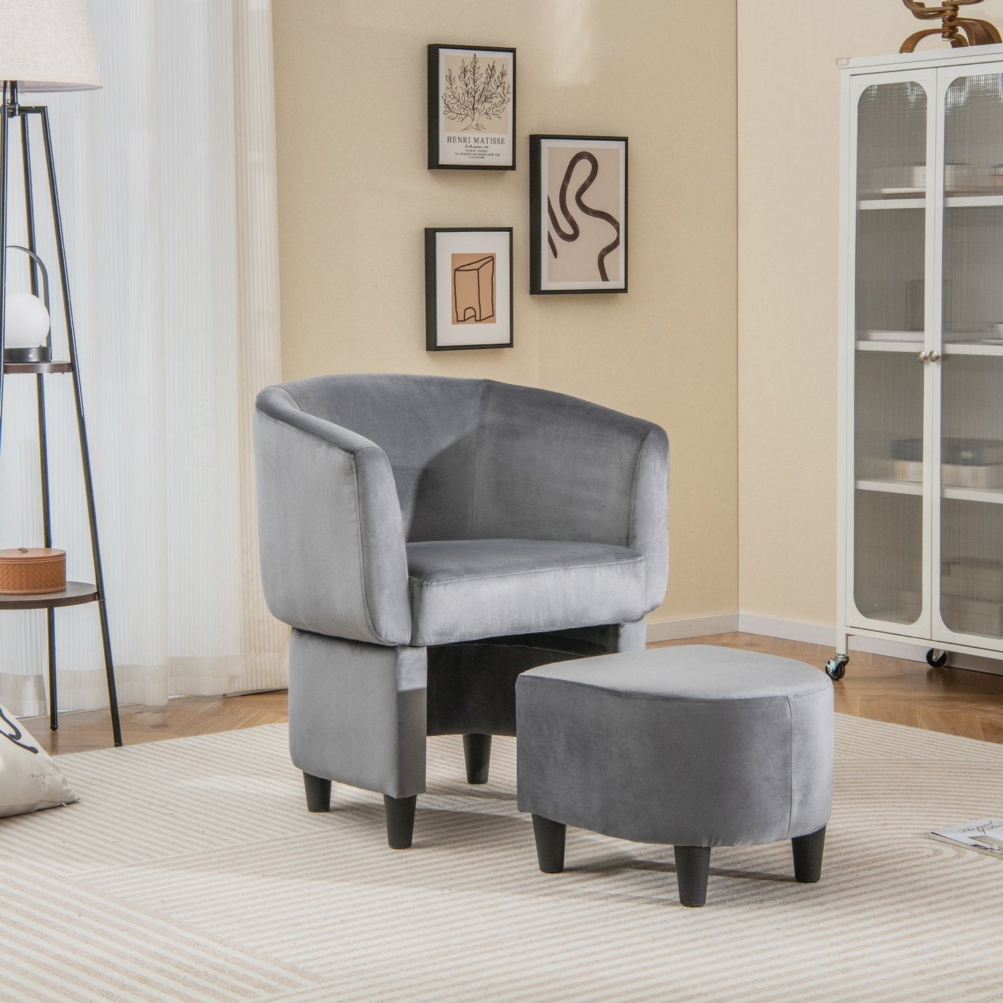 Upholstered Velvet Barrel Chair Modern Club Chair with Ottoman-Grey