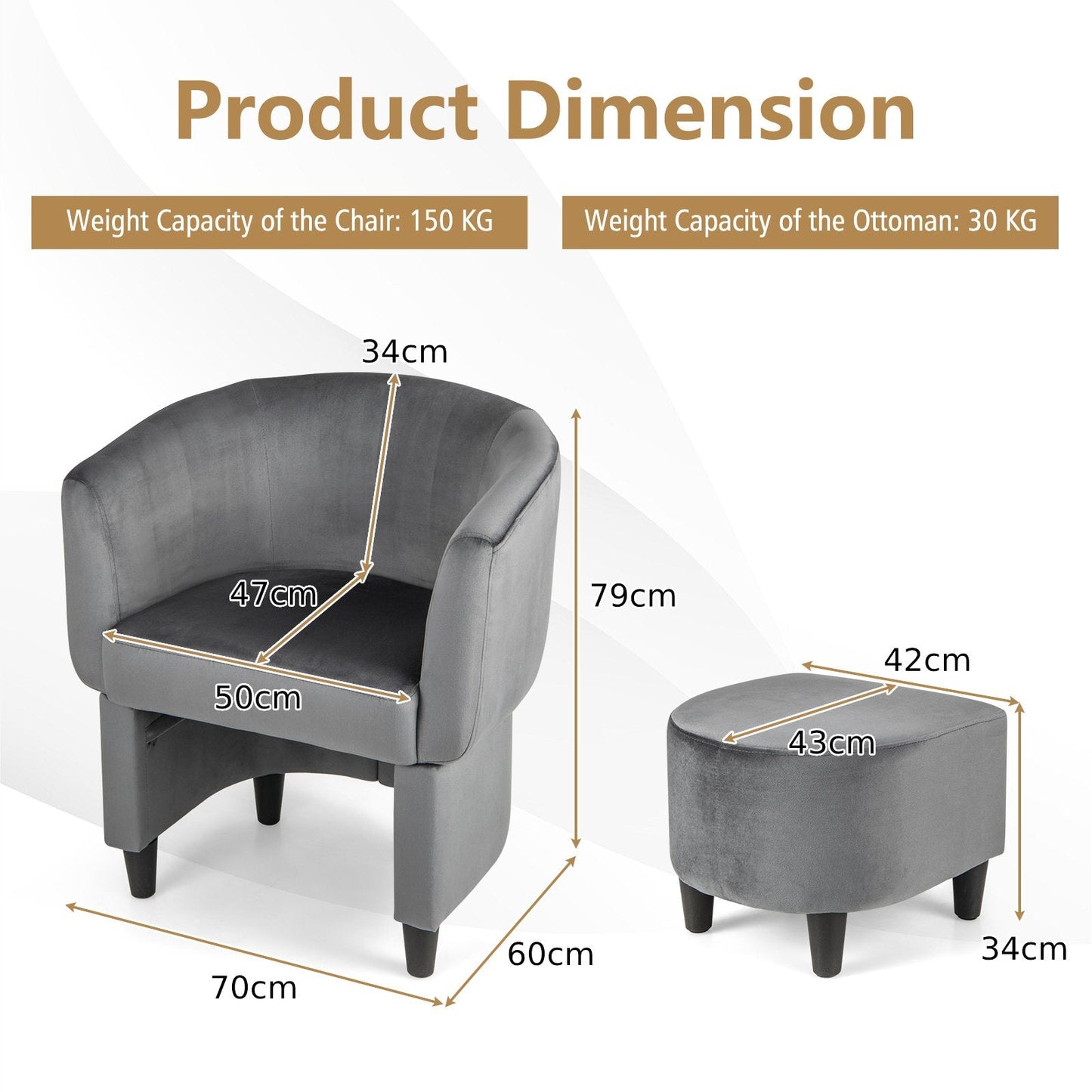 Upholstered Velvet Barrel Chair Modern Club Chair with Ottoman-Grey