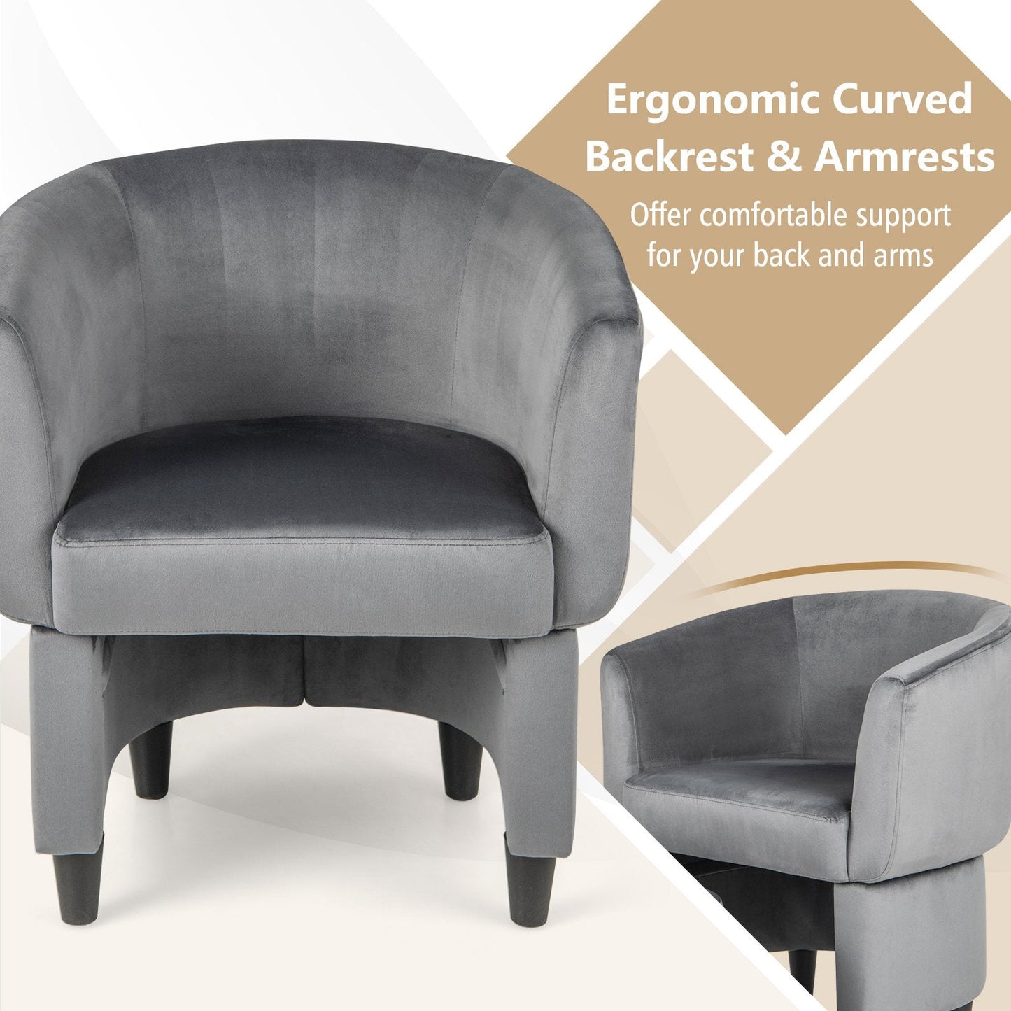 Upholstered Velvet Barrel Chair Modern Club Chair with Ottoman-Grey