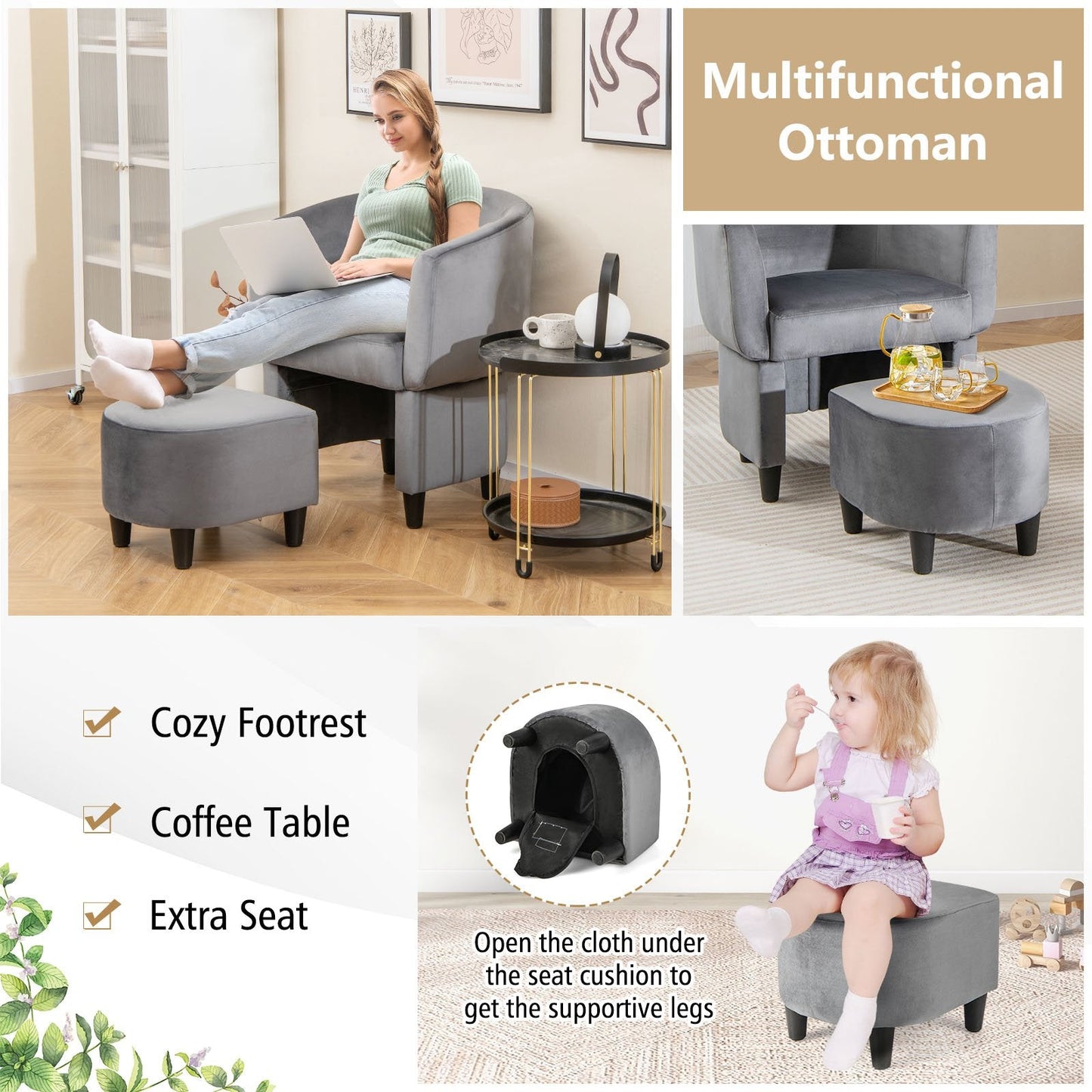 Upholstered Velvet Barrel Chair Modern Club Chair with Ottoman-Grey