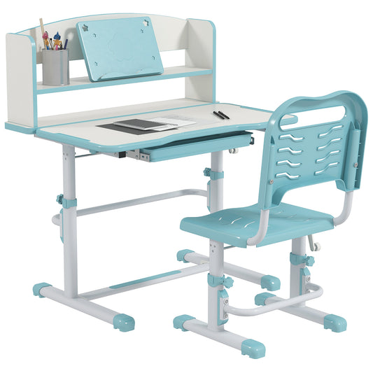 ZONEKIZ Height Adjustable Kids Study Table and Chair Set, with Drawer, Storage Shelf, 80 x 54.5 x 104 cm, Blue