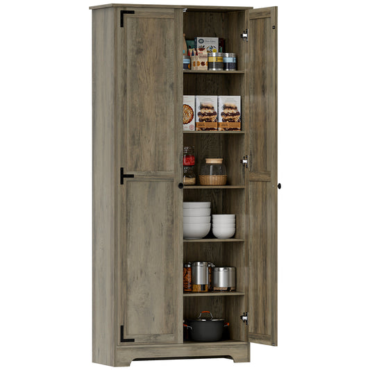 HOMCOM Farmhouse Kitchen Cupboard, Freestanding Kitchen Storage Cabinet with Adjustable Shelves, Tall Storage Cabinet with Recessed Doors, Grey Wood-Effect