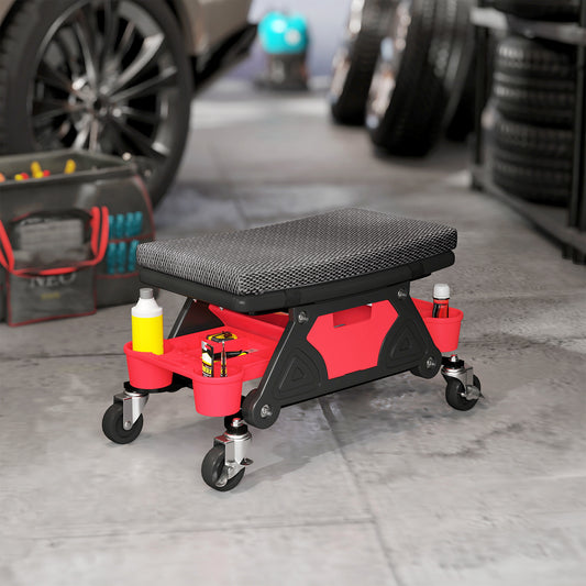 HOMCOM Rolling Mechanic Stool, 135kg Capacity Workshop Stool, 360√Ç¬∞ Swivel Roller Padded Creeper Seat with Wheels, Slide Out Tool Trays and Drawer for Garage, Shop, Auto Repair, Black