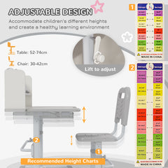 ZONEKIZ Height Adjustable Kids Study Table and Chair Set, with Drawer, Storage Shelf, 80 x 54.5 x 104 cm, Grey