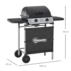 Outsunny 2 Burner Gas BBQ Trolley with Lid, 5.6 kW Gas Barbecue Grill with Wheels, Side Shelves, Black