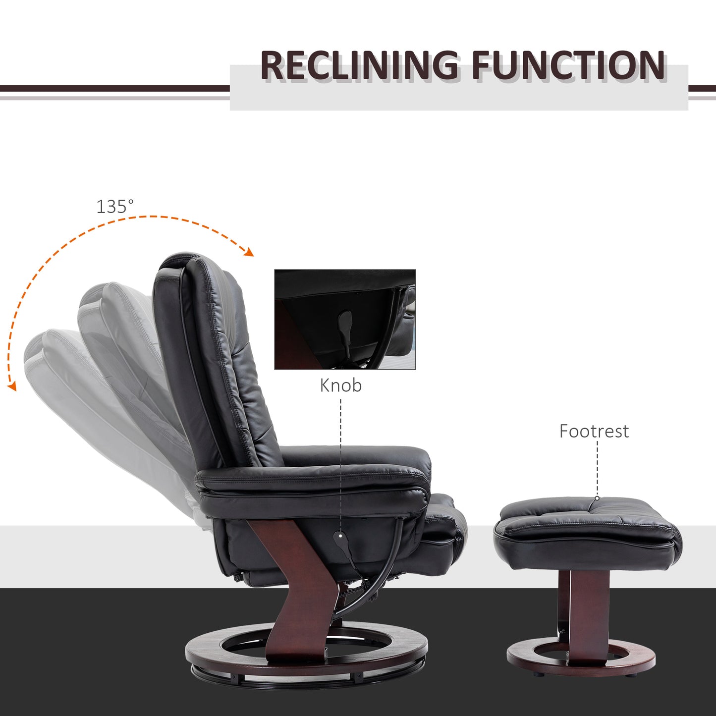 HOMCOM Recliner Chair With footstool, Recliner Armchair up to 130kg Weight Capacity, 135√Ç¬∞ Reclining Swivel Sofa Chair, PU Leather Ergonomic Couch Bed with Swivel Wood Base for Living Room, Black