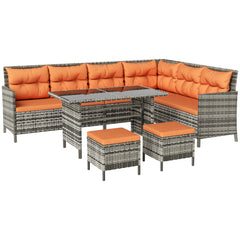 Outsunny 7-Seater Patio wicker Sofa Set Rattan Chair Furniture w/ Glass & Cushioned, Orange